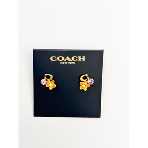 Coach Gold Tone Flower Logo Cluster Stud Earrings Orange Purple NWT Chic Luxury